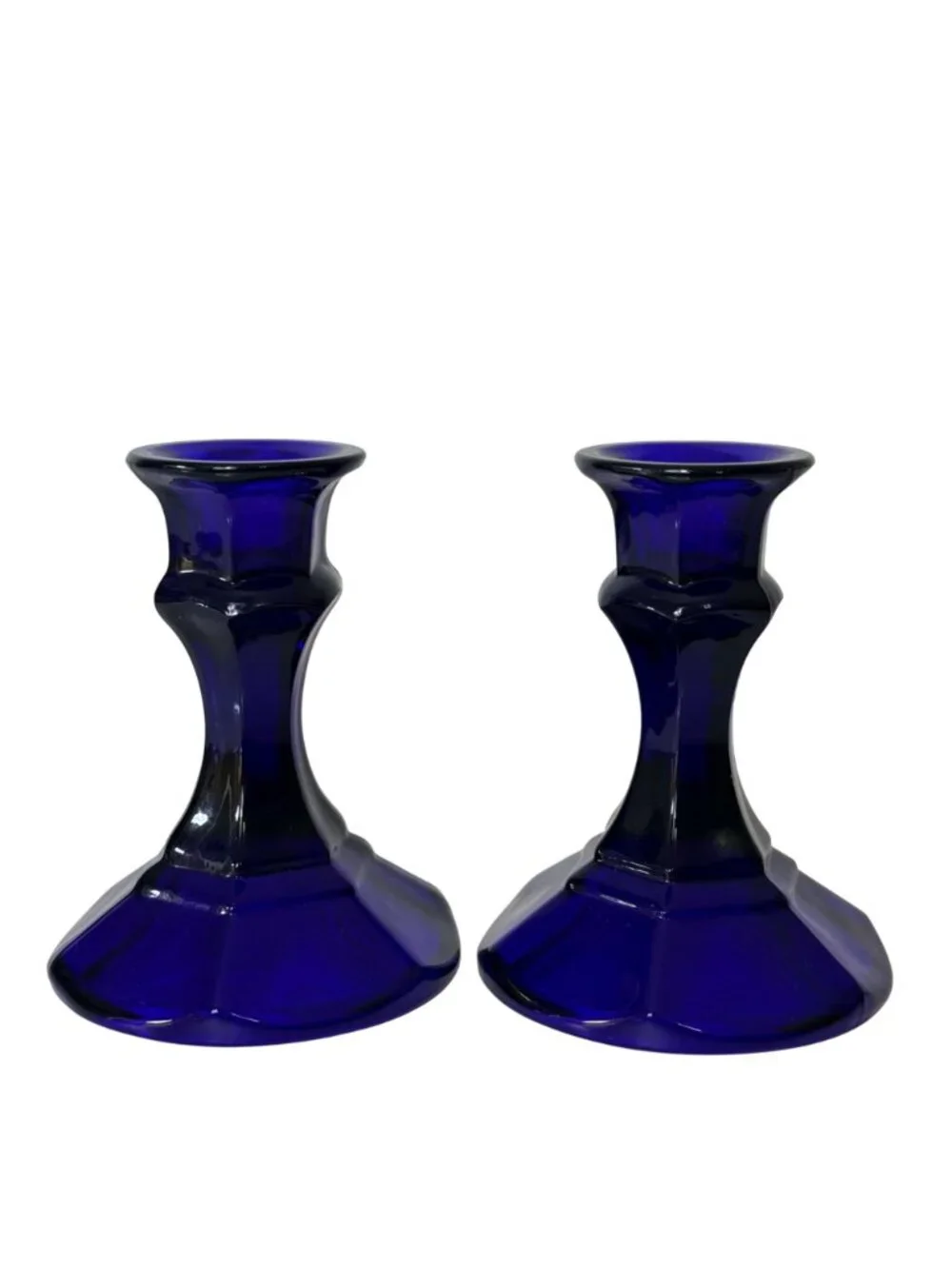 Vintage Blue Glass Candlestick Holders Set of 2 Romantic Cobalt Taper Candle MCM